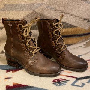 Sorel Cate Lace Up Leather Waterproof Women's Heeled Combat Boots Brown 8